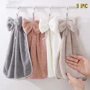 1 Piece of Hangable Bow Hand Towel, Coral Fleece Hand Towel, Soft Absorbent Towel, Suitable for Kitchen, Bathroom and Living Room