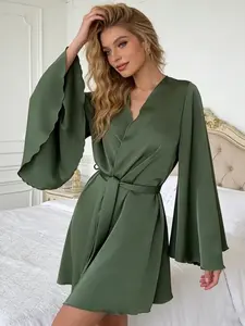 Elegant Satin Bell Sleeve Bathrobe, Waist-Tied Morning Robe, Soft and Sexy Home Sleepwear, Luxurious and Comfortable Nightgown