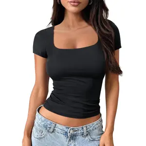 Trendy Queen Tshirts Women's Double Lined Crop Top with Scoop Neck for Spring Summer Workout & Casual Wear Y2k Style Fashion