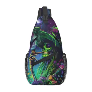 Witch green skull and butterfly flowers Travel outdoor sports commuter bag men's daily sports chest bag large capacity messenger bag