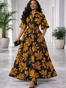 African Print Shirt Maxi Dress – Elegant Ankara Button Down Dress with Belt, African Fashion Long Dress