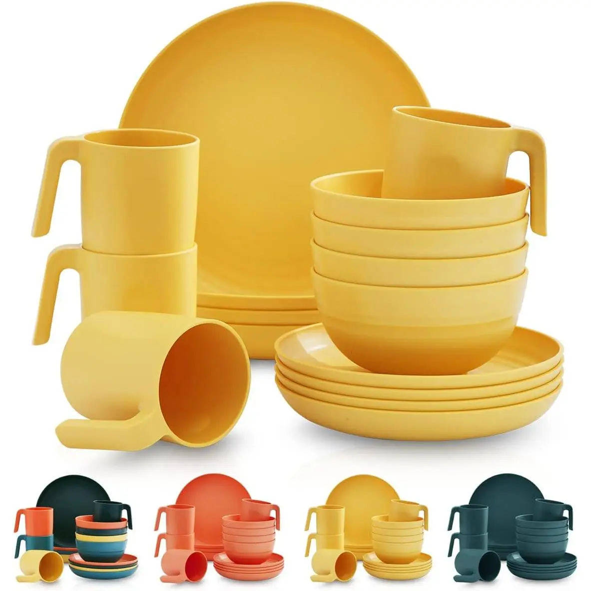 Plastic Dinnerware Set of 16 Pieces, Unbreakable And Reusable Light Weight Plates Mugs Bowls Dishes Easy to Carry And Clean Microwave Safe BPA Free Dishwasher Safe Service For 4 (Gold Yellow) Cutlery Tableware