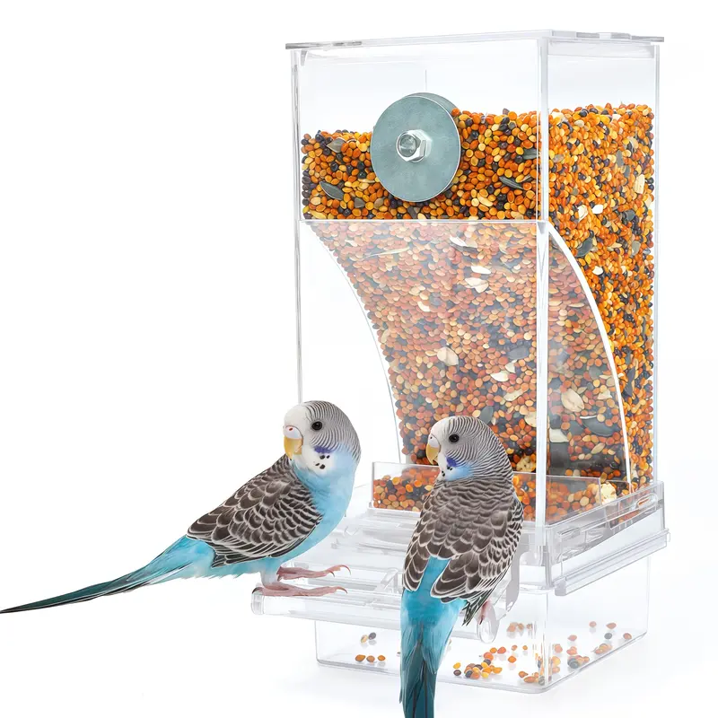 Smart Bird Feeder Station with Perch - Automatic Mess-Free, Stain-Resistant Transparent Detachable Cooling Seed Container, Auto-Clean Dispenser Feeding Tool for Medium Lovebirds/Small Parrots