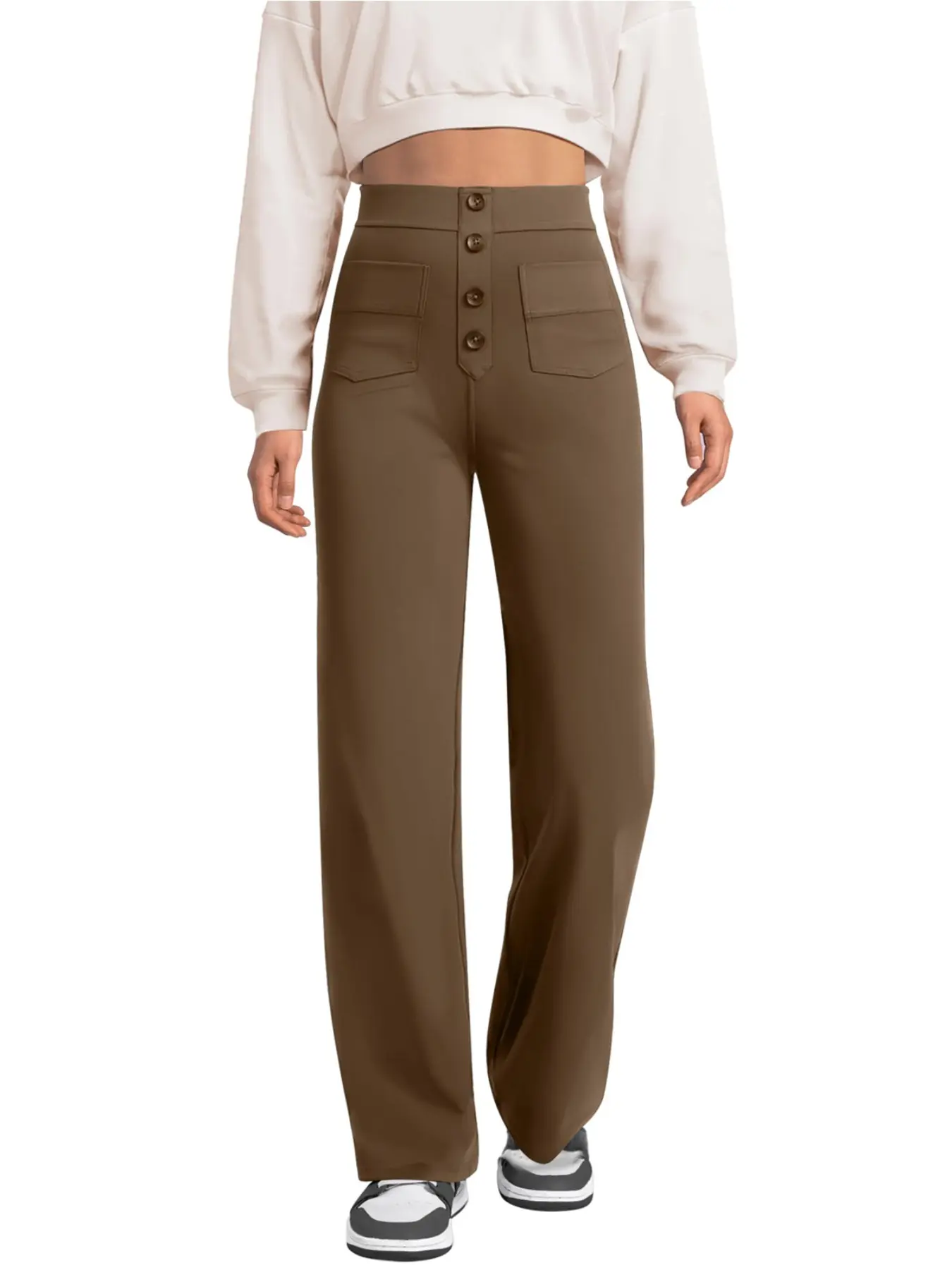 Women's High Waisted Casual High Rise Elastic Button Pockets Flowy Wide Leg Pants, Draped Relaxed Fit Trousers for Pear Shaped Body, Lightweight Breathable Soft Basic Casual Long Pants for Daily Commute Streetwear, Loose Straight Leg Comfy Fashion Bottoms