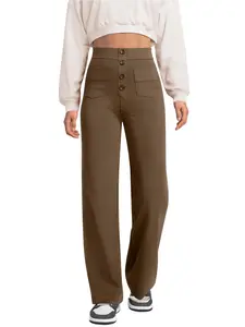 Women's High Waisted Elastic Button Pockets Flowy Wide Leg Pants, Draped Relaxed Fit Trousers for Pear Shaped Body, Lightweight Breathable Soft Basic Casual Long Pants for Daily Commute Streetwear, Loose Straight Leg Comfy Fashion Bottoms