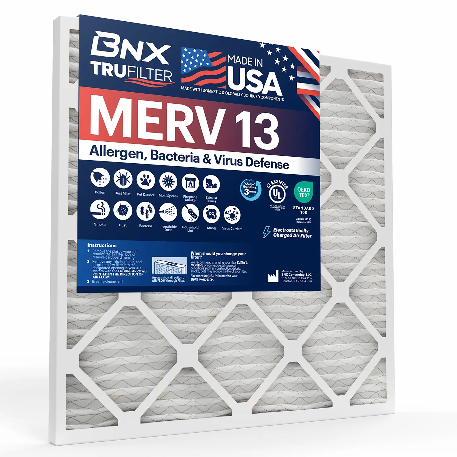 BNX TruFilter 16x30x1 Electrostatic Pleated Air Filter, MERV 13 (2-Pack) - MADE IN USA - High-Efficiency HVAC AC Furnace Filter for Allergies, Pollen - Manufacturer Warranty, Manufacturer Warrenty, High-Efficiency Filtration