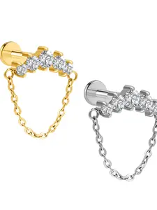 Astm F136 Internally Threaded Titanium Labret Stud, Pvd Plated Cz with Dangle Chain, Top Piercing Jewelry Earring Stud
