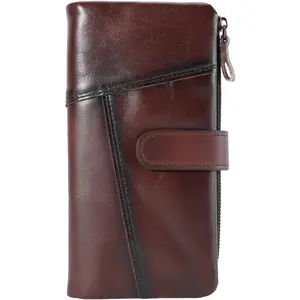 Vintage Genuien Leather Long Wallet for Men Checkbook Zipper Card Holder Large Capacity Cowhide Leather Clutch Purse Organizer for Women Cash Wrist Bag Travel