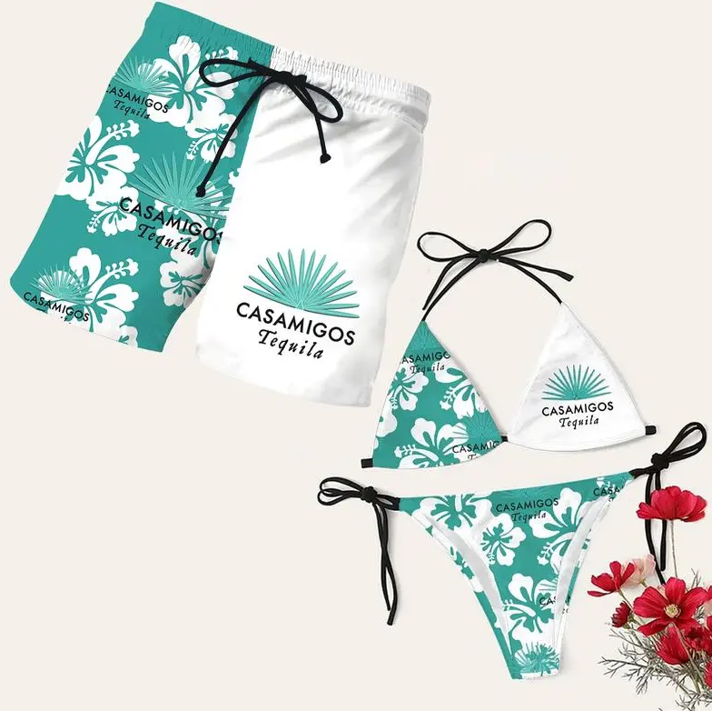 Matching Casamigoss Tequila  Aloha Bottomland Swimsuits for Couples - Swim Bra Tie Side Thong Racing  Bikini Men's Beach Shorts, Summer Vacation Swimsuit, Hawaiian Shirt Style, Aloha Beach Outfit, Casual Holiday Bathing Suit