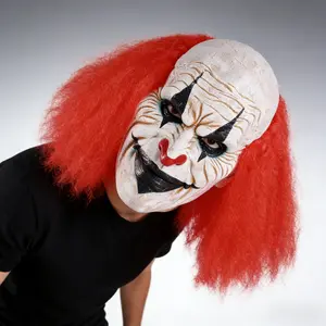Halloween scary clown mask, crazy clown latex mask for haunted house, black pointed mouth, red round nose, fluffy bright red explosion hair. Suitable for Halloween horror-themed role-playing, horror short film production, horror-themed events, and horror