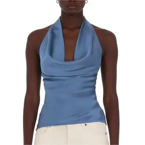Women Satin Halter Tank TopsSolid Cowl Neck Sleeveless Backless Vest for Going Out Party Club