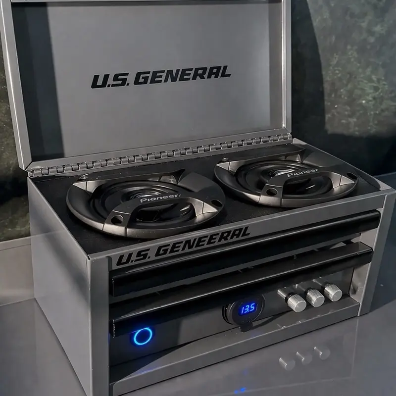 Grey mini tool box Bluetooth speaker- voltmeter- charging ports