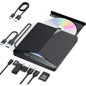 7-in-1 USB 3.0 External CD/DVD Drive for Laptop, Portable DVD Player & Burner with SD/TF Card Reader & 4-Port USB Hub, Compatible with Windows, macOS, Linux