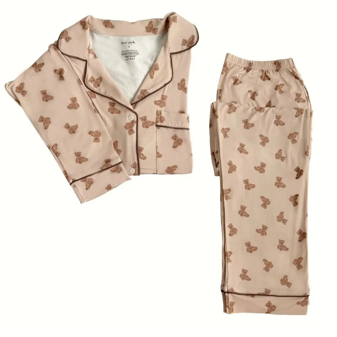Women's Long Sleeve Pajama Set in Teddy Tales 2-Piece Set with Elastic Waistband and Pockets Soft Bamboo Fabric Matching with Little Ones Fit Loungewear