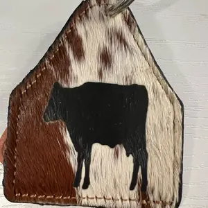 Cow Tag Keychain - Brown and White Pattern with Black Cow Design