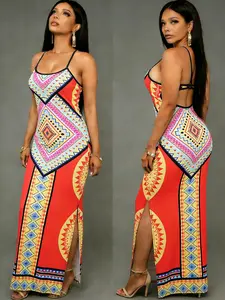 Women's Summer Ethnic Geometric Print Spaghetti Strap Dress, Vintage Colorblock Slim Fit Boho Bohemian Dress, Casual Party Wear 1k186a11480