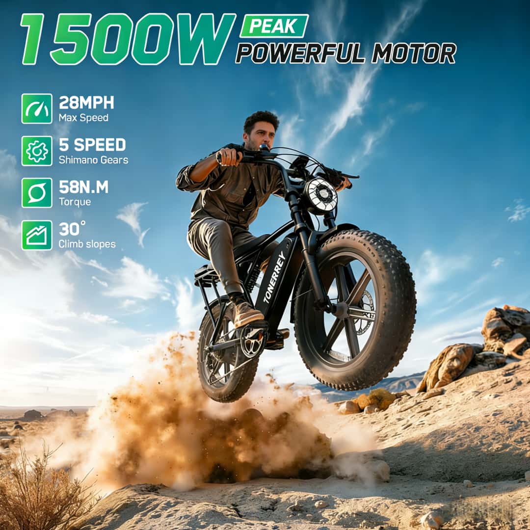 All-terrain electric off-road bike for  & teens: 1500W power, 50-80  range, 28mph speed. 20×4" fat tires for bold off-road fun, with pedal assist for relaxed and flexible riding. 20-inch 40-70 mile