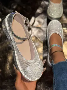 Women's Summer Mesh Breathable Sequins Pearl Flower Buckle Thick Sole Mary Jane Shoes, Casual Textile Pumps for All Seasons
