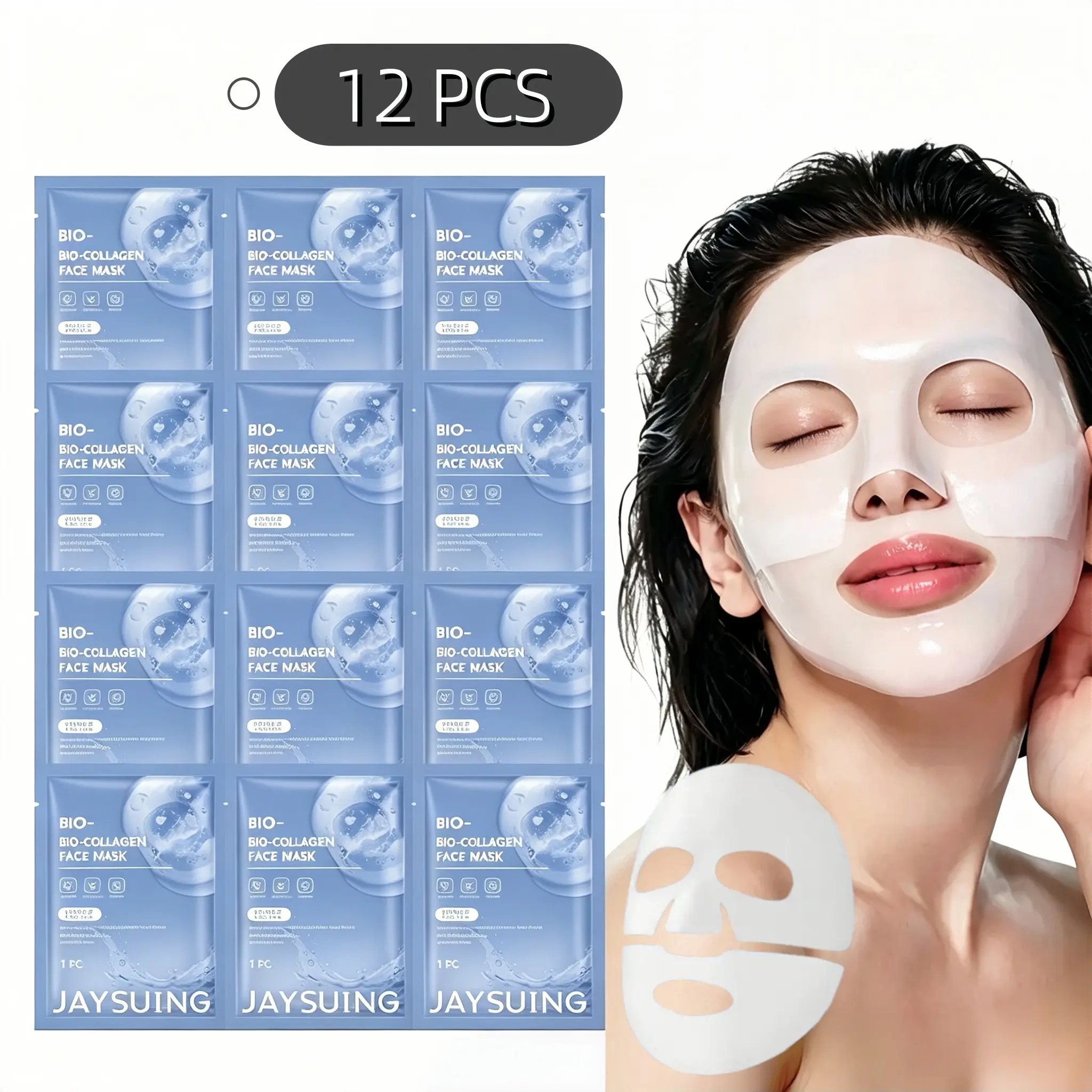 12pcs Collagen & Biotin Face Mask, Alcohol-Free, Hypoallergenic, Strong Hydration, Moisture, Smooths Skin, Suitable for All Skin Types