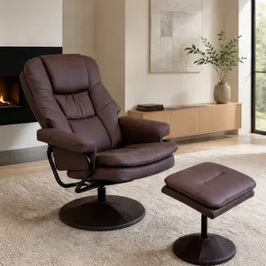 ARCH Swivel Recliner Chair with Ottoman Faux Leather Push Manual Reclining Living Room Armchair 360 Degree Ergonomic Lumbar Support Home Theater Reading Relax Brown, Brown Color Options, Faux Leather/Steel/Wood Material, Product Weight: 40.79 lb, 360 Rota