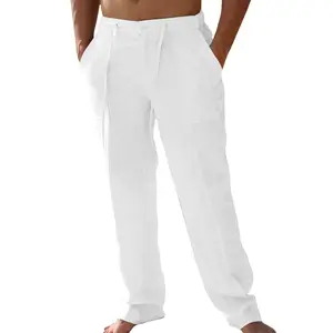 Men's Cotton-Linen Comfy Loose Relaxed Casual Pants, Elastic Drawstring Waist Straight-Leg, Summer Yoga Beach Long Menswear Trousers, Comfy Men's Pants, Cotton-Linen Men's Pants