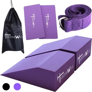 Yoga Foam Wedge Blocks (Pair), Calf Raise Block, Calf Stretcher, Yoga Wrist Support, Balance, Pushup, Fitness, Pilates, Heel Stretcher, Squat Wedge with Gym Bag