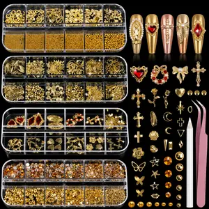 Gold 3D Nail Charms Set | Hearts, Pearls, Gems & Rhinestones – 4 Box Complete Nail Art Kit