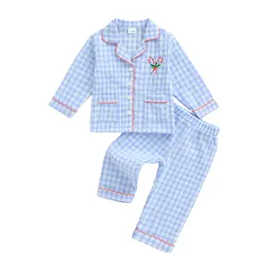 Toddler Baby Girl Boy Christmas Pajamas Set Plaid Print Lapel Long Sleeve Button Down Tops with Pants Sleepwear