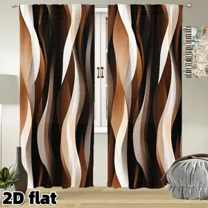 2D Flat 2Pcs Modern Abstract Wave Pattern Curtains Brown Black White Gradient Stripes Window Treatment Rod Pocket Design Polyester Light Filtering Panels Home Decoration Curtain for Living Room Bedroom Office Home Decor Privacy Protection