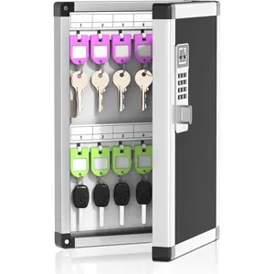 24 Key Box Wall Mount with Code Combination Lock Key Storage Box with Key Hooks Tags Lables 8.45" x 2.55" x 13" Black-Code Lock 24 Keys