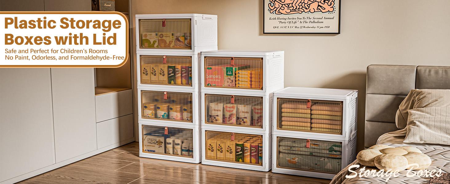 7CODE 4 Tier Plastic Storage Bins with Lids , Stackable Storage Containers with Wheels, Folding Storage Boxes, Collapsible Storage Bins, Closet Organizers and Storage for Living Room,Kitchen,Office
