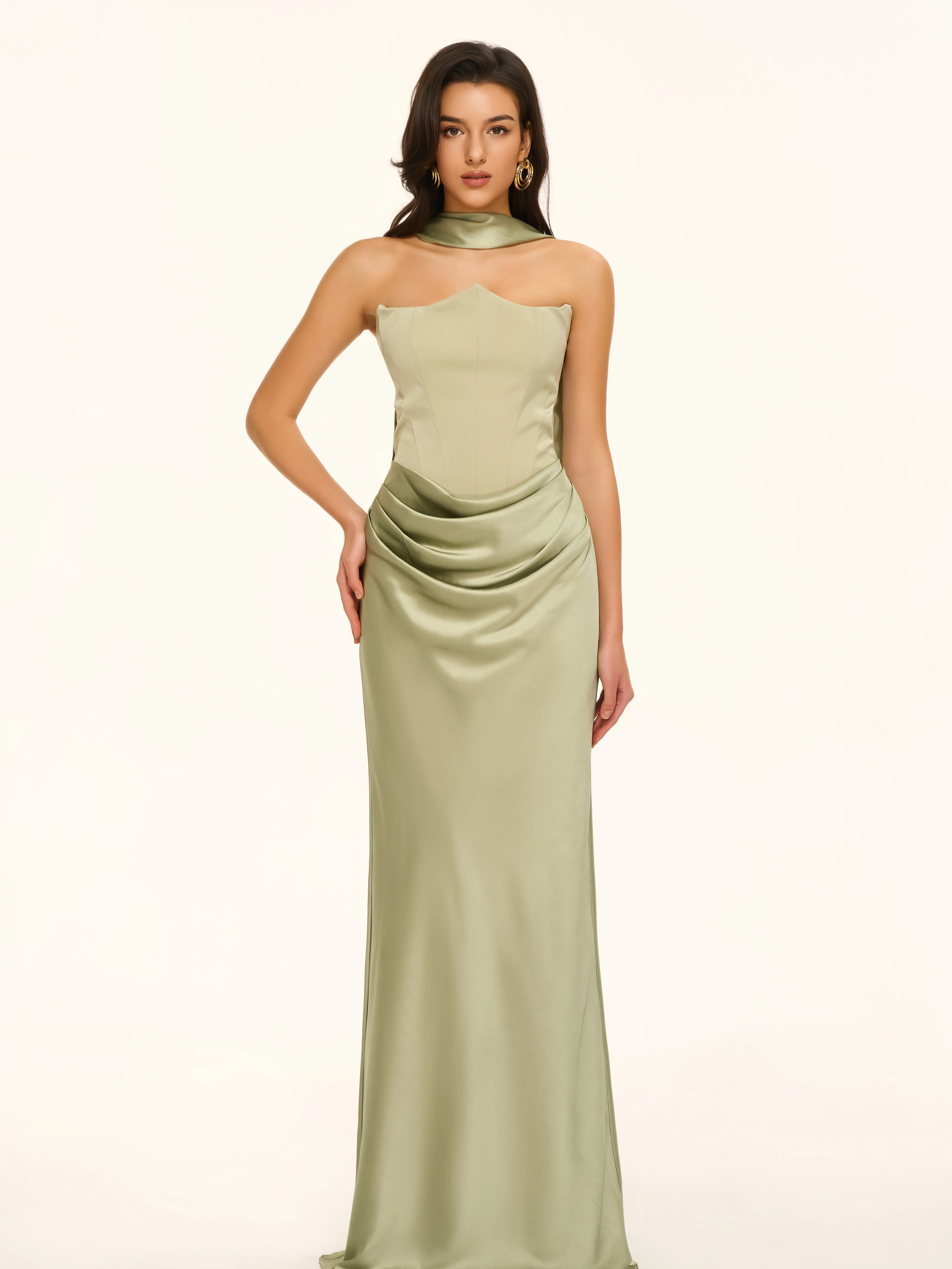 Kaimono Women's Feminine Floor-Length Satin Cowl Neck Sleeveless Ruched Waist Satiny Fabric Elegant Formal Evening Gown