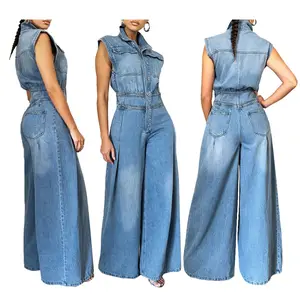 2025 Spring New Tops And Pants Onesie Women's Style Casual Wash Sleeveless Denim Jumpsuit Wide-leg Blue Overalls  Womenswear Fabric