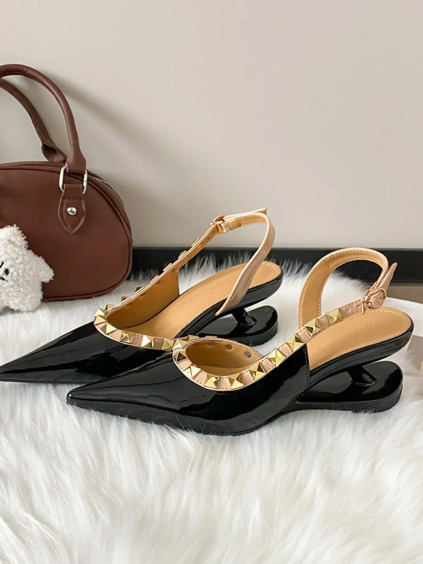 Women's Gold Studded V-Cut Pointed Toe Asymmetric Teardrop Heel Slingback Pumps Adjustable Buckle Ankle Strap Slip On Backless Cloud Cushioned Arch Support All Day Walking Comfort Night Out Wedding Office Date Footwear Black Nude Two Neutral Tones