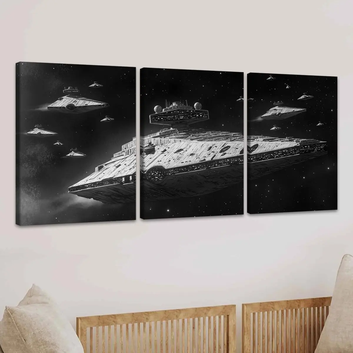 Sci-fi Space Starship Pattern Canvas Painting with Frame, 3 Counts/set Modern Space Theme Design Wall Art, Aesthetic Wall Decor for Home Living Room Bedroom Office, Ornaments, Artistic Indoor Decoration, Art Wall Decoration, Wooden Wall Art