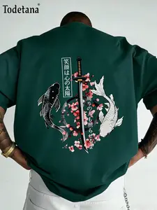 Men’s Japanese Koi Fish Graphic T-Shirt, Samurai Sword Sakura Print Streetwear Tee, Oversized Short Sleeve Crew Neck Casual Summer Top, Breathable & Comfort Fit, for Casual Wear, Outdoor & Travel Suitable for All-Season Use (White/Black/Dark Green)