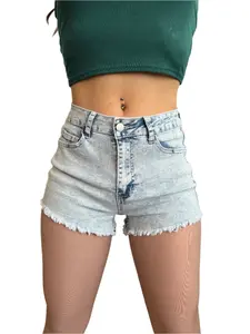 Stretchy Mid Rise Light Washed Blue Denim Jean Shorts with Frayed Hem and Comfortable Fit Womenswear Bottom