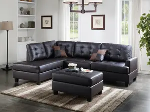 Poundex F6855 3 pc Espresso Faux Leather Sectional Sofa Set with Reversible Chaise & Ottoman Tufted Back Seats Modern Living Room Furniture