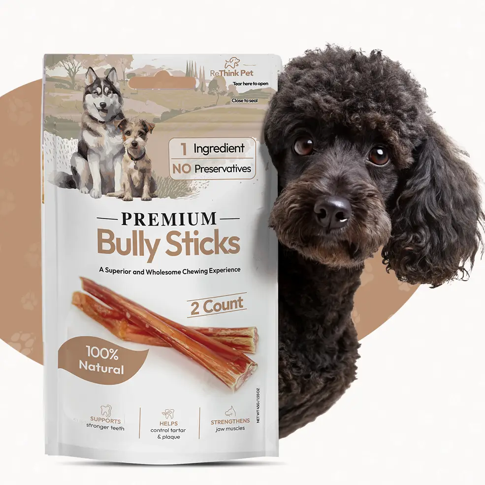ReThink Pet Premium Natural Beef Bully Sticks, 2pc Long Lasting Dog Chew Sticks