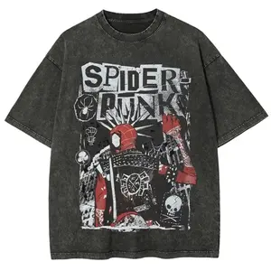 Spider Punk Graffiti Graphic Tee, Vintage Washed Oversized Streetwear T-Shirt, Y2K Hip Hop Cotton Summer Shirt
