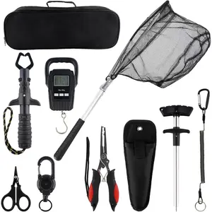 10 Pcs Fishing Tool Kit,Folding Fishing Net Set with Storang Bag,Pliers with Lanyard and Protective Sheaths,Hook Remover,Fish Gripper,Fish Scale,Scissors for Fisherman Travel Gifts