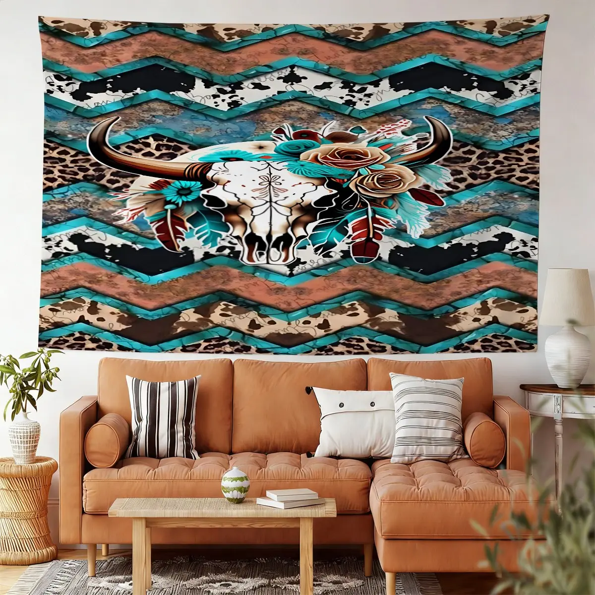 [Boho Western Skull Tapestry] Vibrant Steer Skull with Floral & Feather Print - Bohemian Wall Tapestry for Living Room | Unique Western Decor | Tribal Aesthetic Home Art | Trendy Bedroom Wall Accent | Large Tapestry Decor | No Electricity Needed