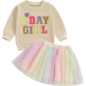 qqc  F-CPA01  Toddler Baby Girl Birthday Outfit Birthday Girl Shirt and Tutu Skirt Set Cake Smash Outfits 2 Piece Fall Dresses