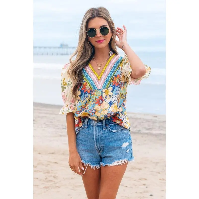 Crochet V Neck Half Sleeve Boho Floral Blouse