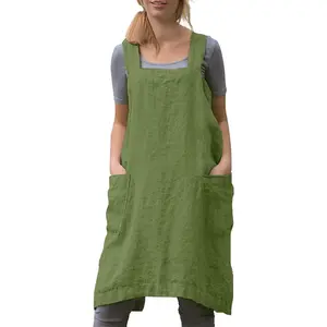 Women Apron with 2 Pockets Cotton Linen Kitchen Baking Cooking Chef Cross Back Pinafore Dress