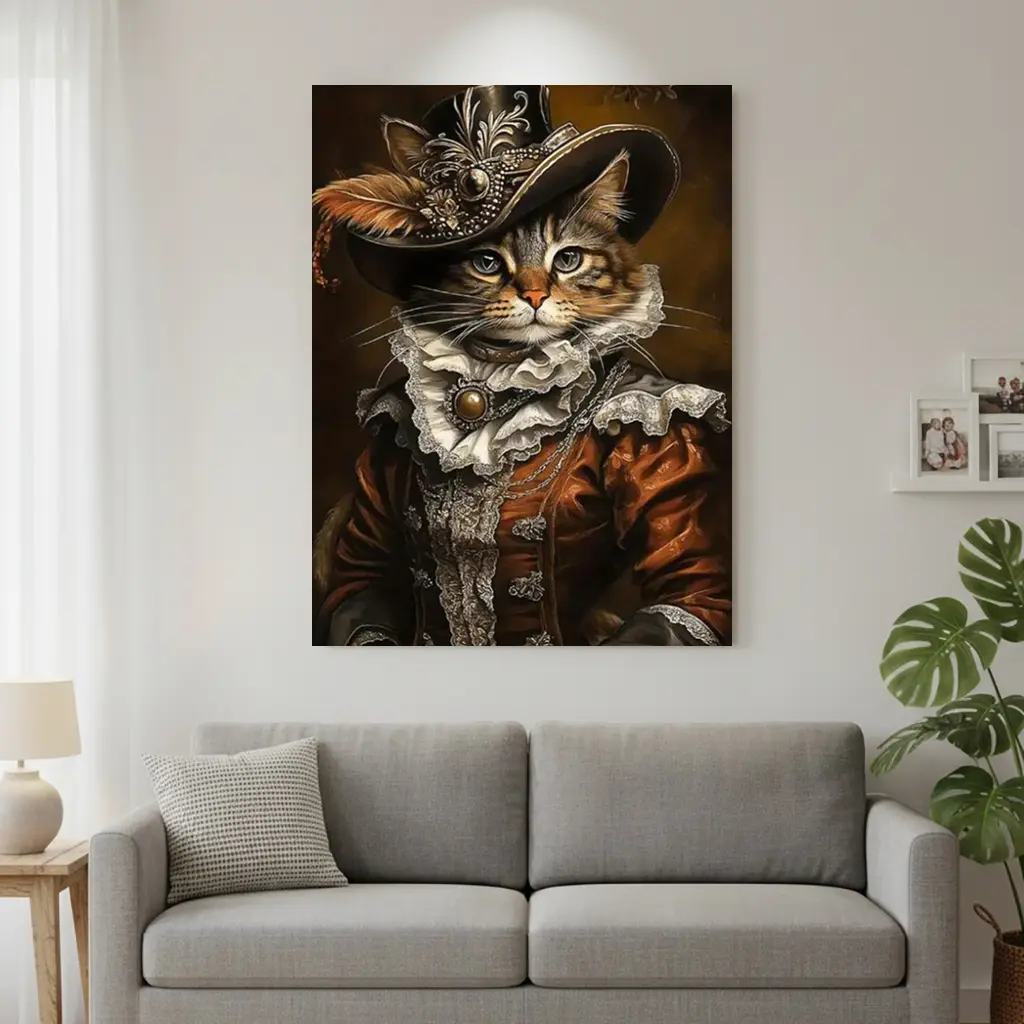 Pine Wood Framed Canvas Art - Whimsical Anthropomorphic Cat in Costume with Feathers and Pearls, Artistic Painting Print for Home Decoration, Ideal for Living Room, Perfect Holiday & Special Occasion Gift