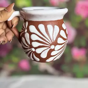 Engove Relieve Mug 355ml Terracota Blanco with White Floral Design Handcrafted Ceramic Cup Drinkware Mexican Set