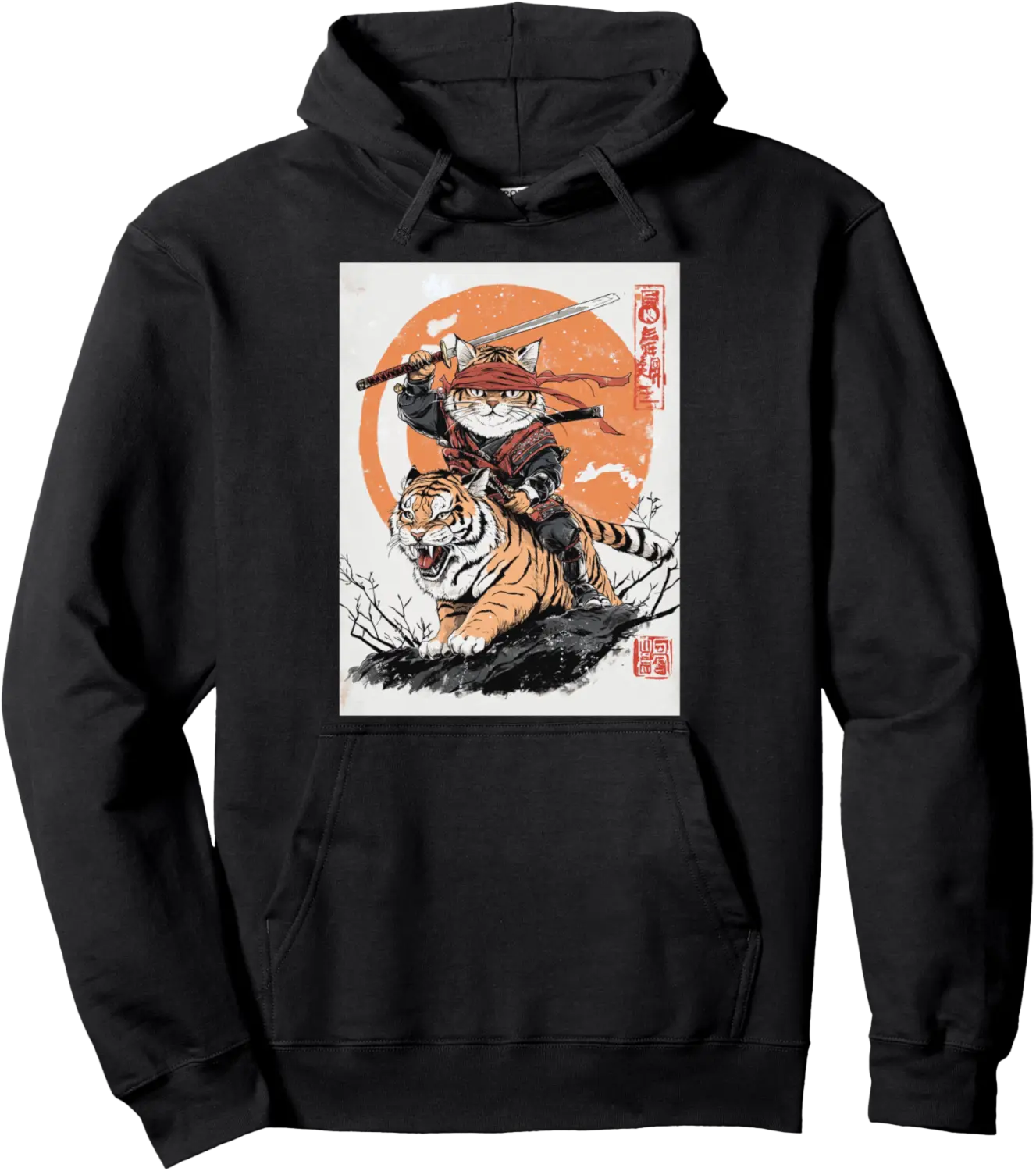 Ninja Cat Riding Tiger - Japanese Samurai Art in Manga Style Pullover Hoodie - Gabriellef Shop 47B0DJC6TCLC