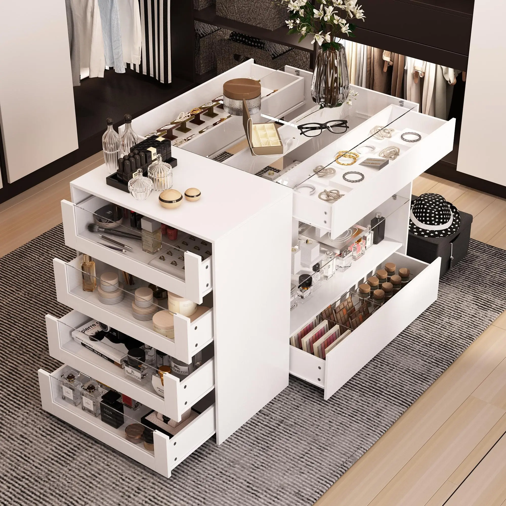 FUFU&GAGA Makeup Vanity Storage Island with Drawers, Shelves & Glass Tabletop, Wardrobe Closet Island for Dressing Room, White (47.2"W x 23.6"D x 31.5"H) Nail Polish Towels Scarves Cosmetics