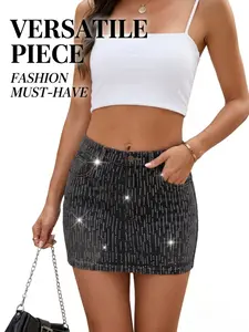 High Waist Rhinestone Denim Skirt for Women, Trendy Summer Fashion, Sexy Fitted A-Line Mini Skirt, Casual Style, Youthful Look, Denim Material
